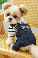 KUTKUT Small Dog Cat Dark Blue Denim Jumpsuit With Striped Shirt & Teddy Bear Patch - Cute Pet Overall Outfit For Puppies, Cats, ShihTzu, Maltese, Pekingese & Other Small Breed